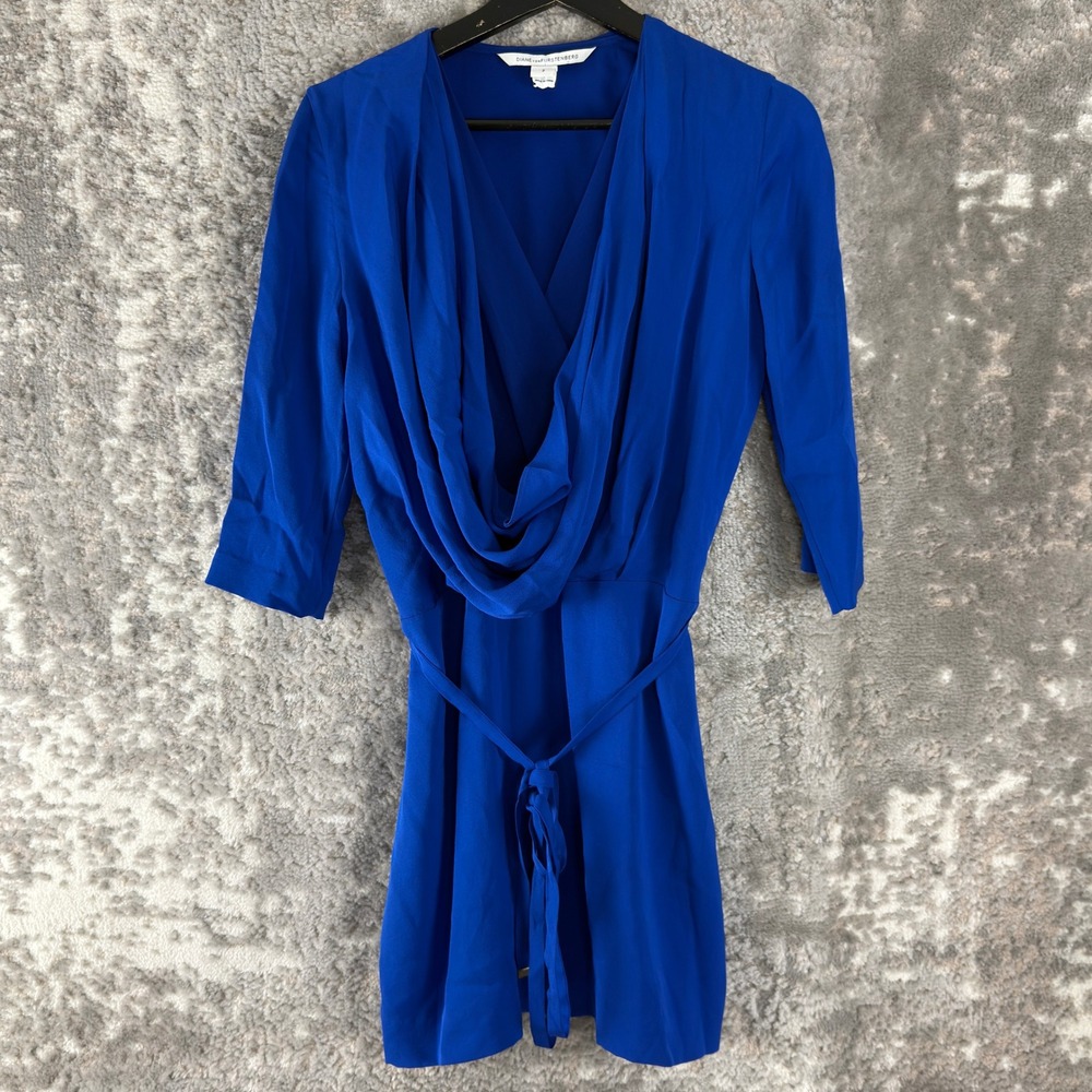 Diane von Furstenberg Size 2 Rachellily Crepe Cowl Neck Silk Mini Dress Blue 3/4